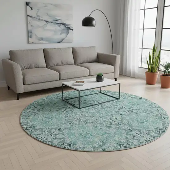 8' Teal And Ivory Medallion Washable Round Rug With UV Protection Photo 2