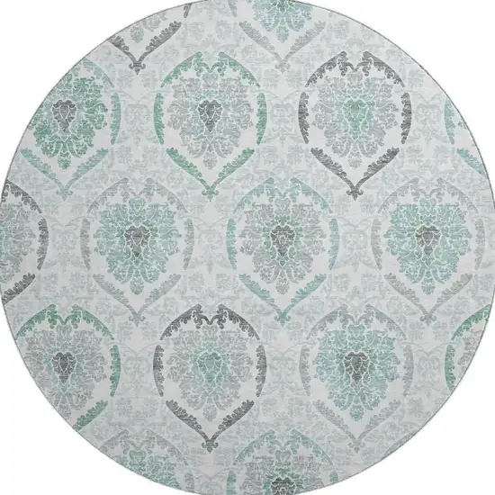 8' Teal And Ivory Medallion Washable Round Rug With UV Protection Photo 4