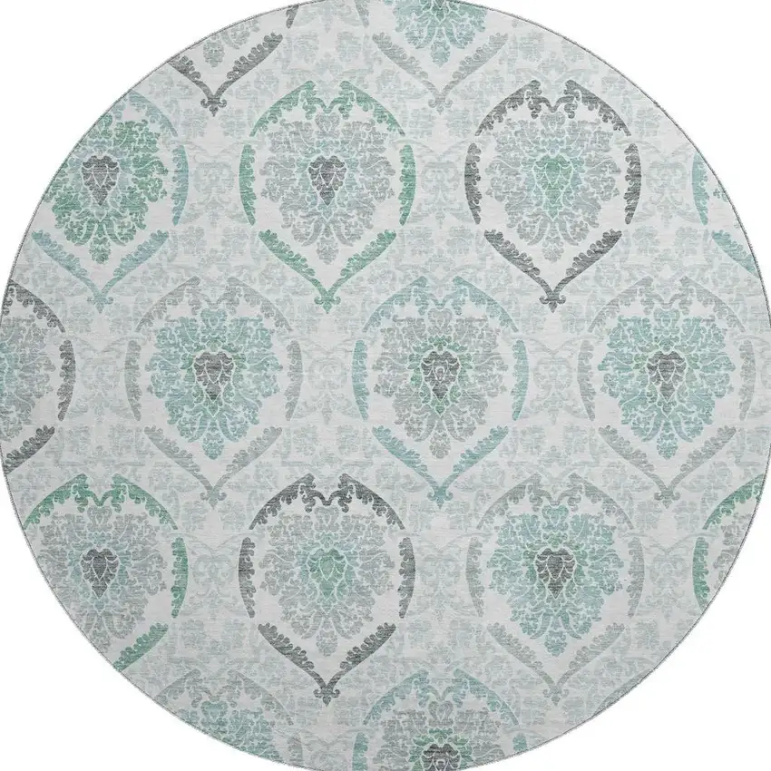 8' Teal And Ivory Medallion Washable Round Rug With UV Protection Photo 4
