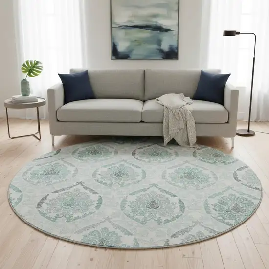 8' Teal And Ivory Medallion Washable Round Rug With UV Protection Photo 2
