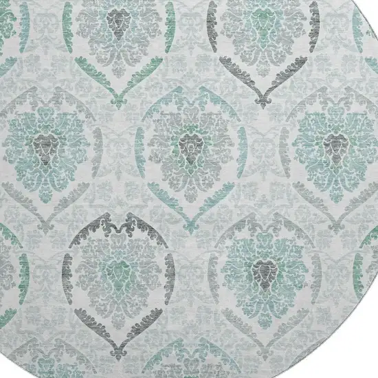 8' Teal And Ivory Medallion Washable Round Rug With UV Protection Photo 3