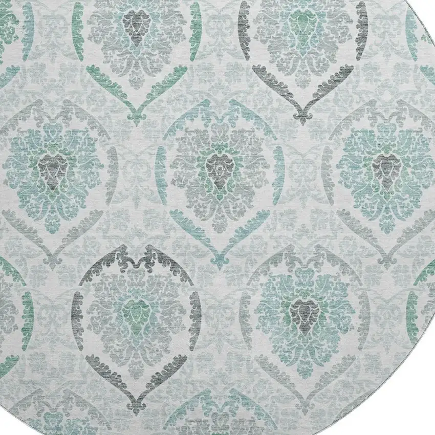 8' Teal And Ivory Medallion Washable Round Rug With UV Protection Photo 3