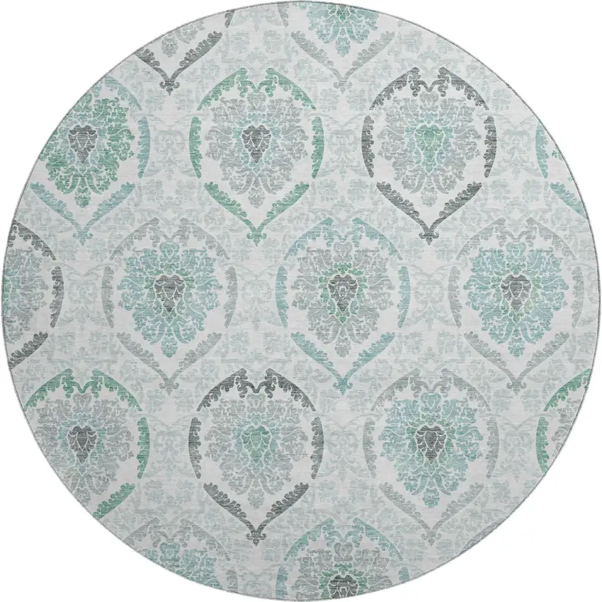 8' Teal And Ivory Medallion Washable Round Rug With UV Protection Photo 1