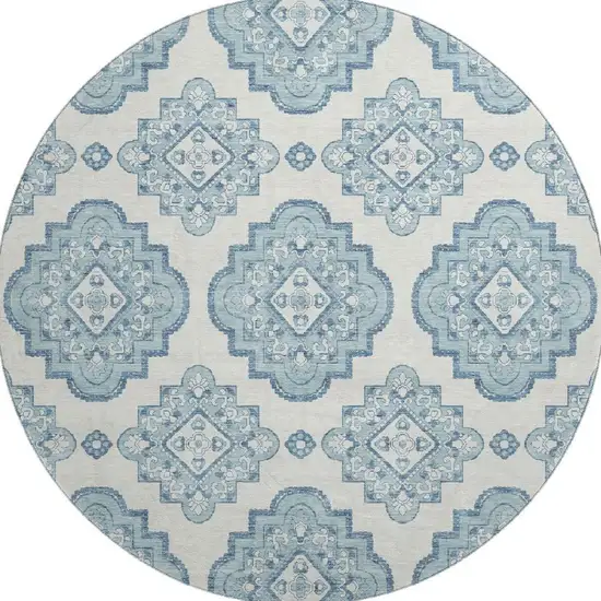 8' Teal And Ivory Medallion Washable Round Rug With UV Protection Photo 4