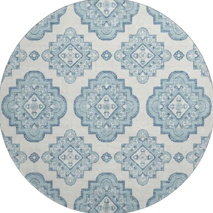 8' Teal And Ivory Medallion Washable Round Rug With UV Protection Photo 4