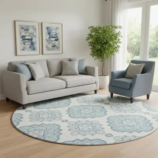 8' Teal And Ivory Medallion Washable Round Rug With UV Protection Photo 1