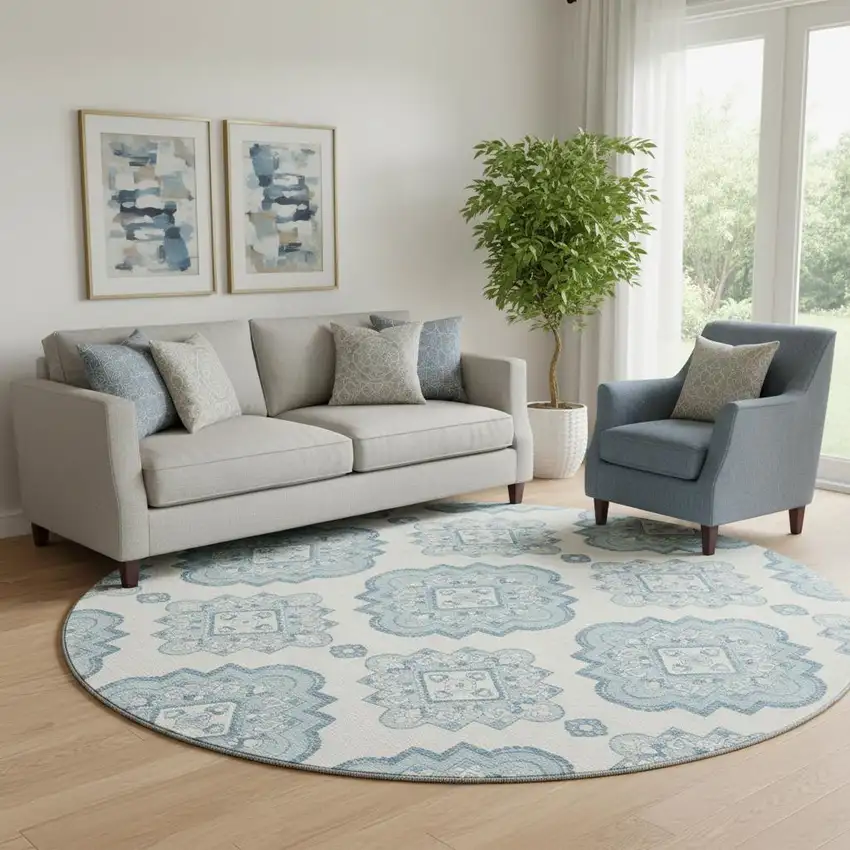 8' Teal And Ivory Medallion Washable Round Rug With UV Protection Photo 1