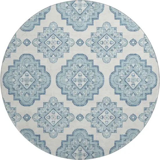 8' Teal And Ivory Medallion Washable Round Rug With UV Protection Photo 1
