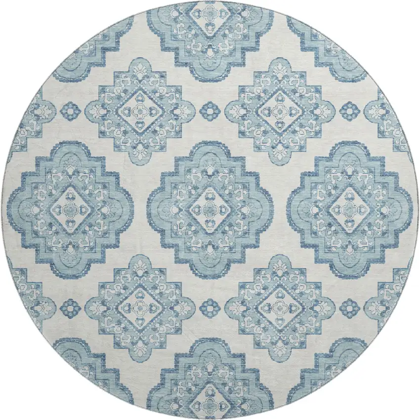 8' Teal And Ivory Medallion Washable Round Rug With UV Protection Photo 1