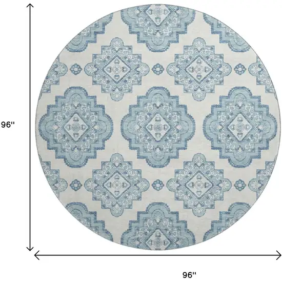 8' Teal And Ivory Medallion Washable Round Rug With UV Protection Photo 8