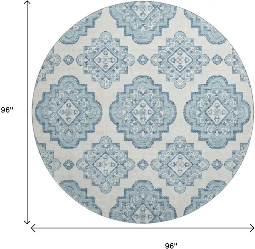 8' Teal And Ivory Medallion Washable Round Rug With UV Protection Photo 8