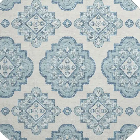 8' Teal And Ivory Medallion Washable Round Rug With UV Protection Photo 3