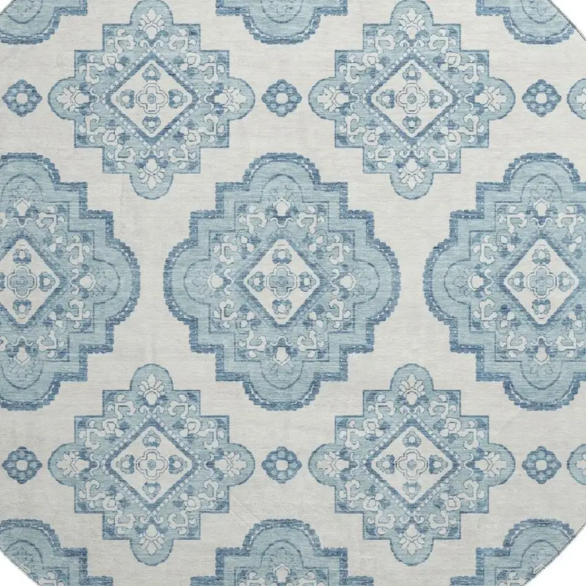 8' Teal And Ivory Medallion Washable Round Rug With UV Protection Photo 3