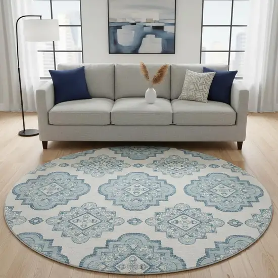 8' Teal And Ivory Medallion Washable Round Rug With UV Protection Photo 2