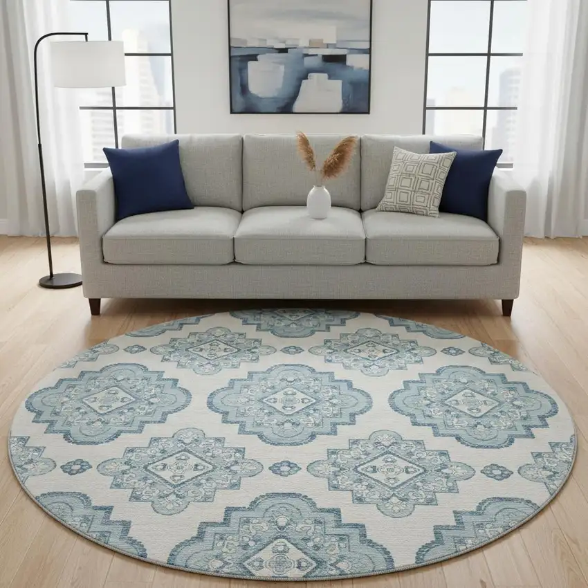 8' Teal And Ivory Medallion Washable Round Rug With UV Protection Photo 2