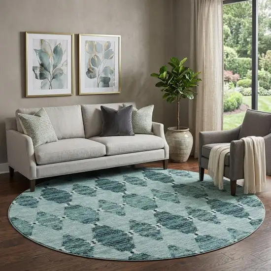 8' Teal And Ivory Moroccan Washable Round Rug With UV Protection Photo 1