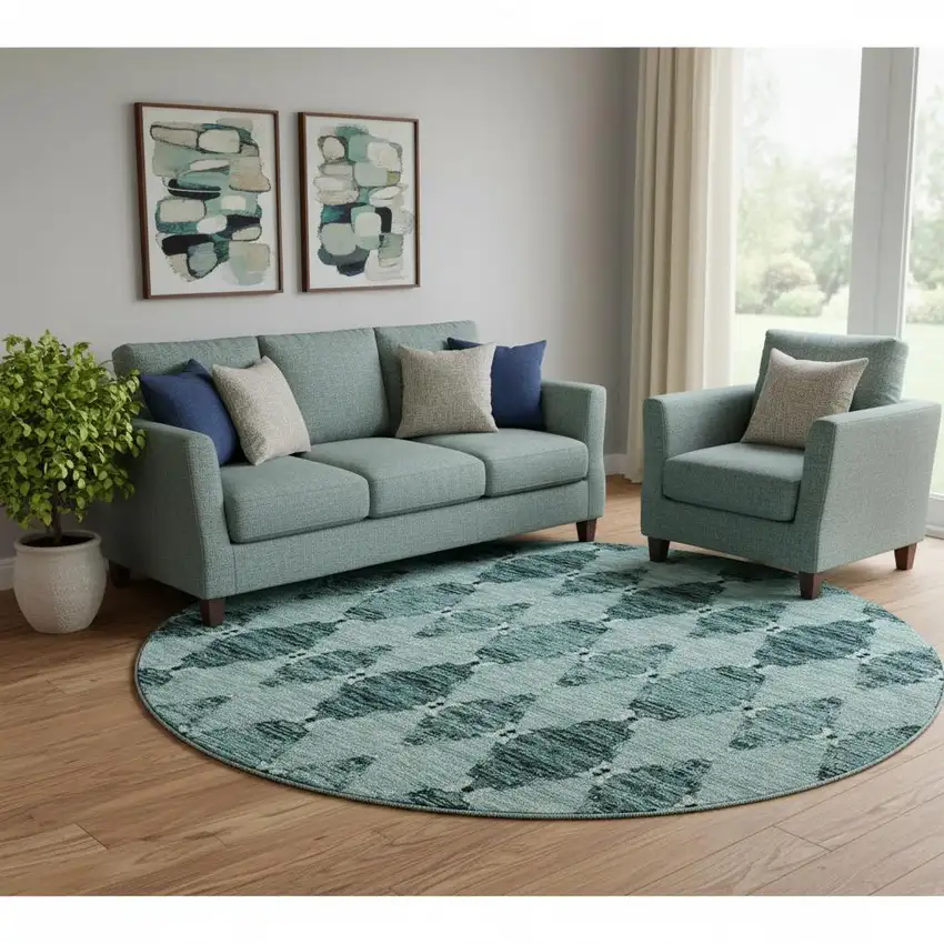 8' Teal And Ivory Moroccan Washable Round Rug With UV Protection Photo 1
