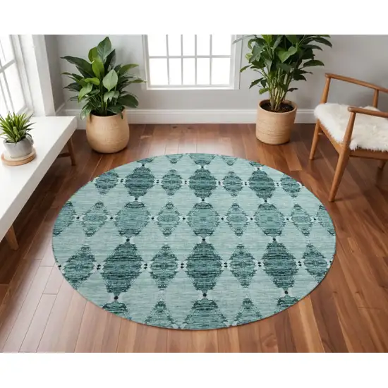 8' Teal And Ivory Moroccan Washable Round Rug With UV Protection Photo 2