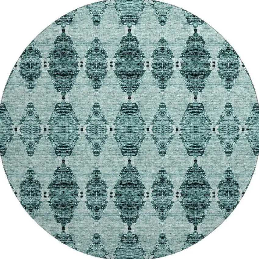 8' Teal And Ivory Moroccan Washable Round Rug With UV Protection Photo 4