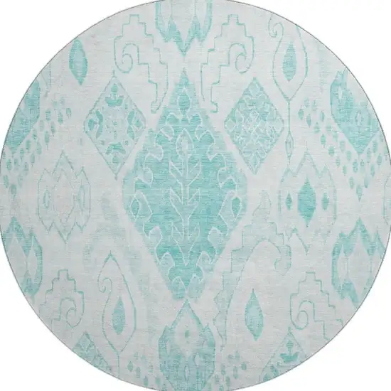 8' Teal And Ivory Moroccan Washable Round Rug With UV Protection Photo 3