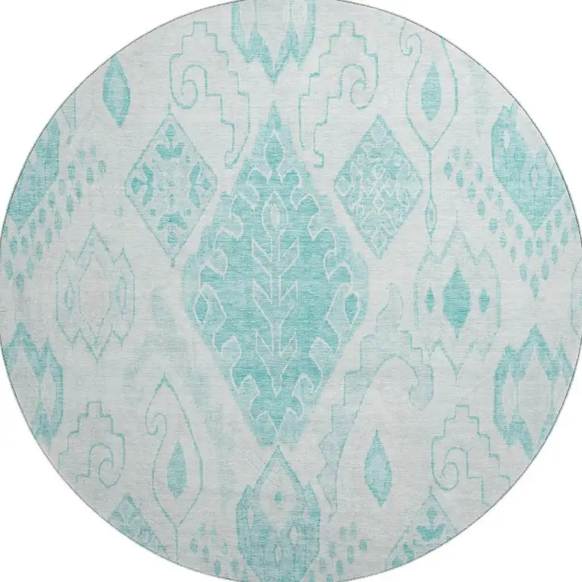 8' Teal And Ivory Moroccan Washable Round Rug With UV Protection Photo 3