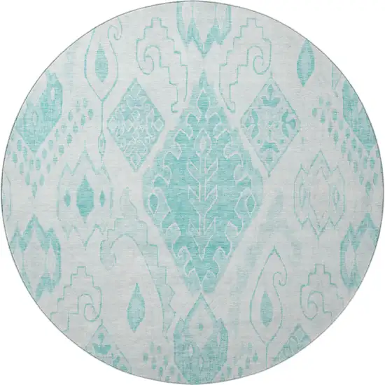 8' Teal And Ivory Moroccan Washable Round Rug With UV Protection Photo 4