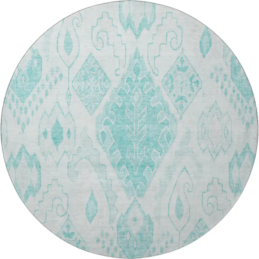 8' Teal And Ivory Moroccan Washable Round Rug With UV Protection Photo 4