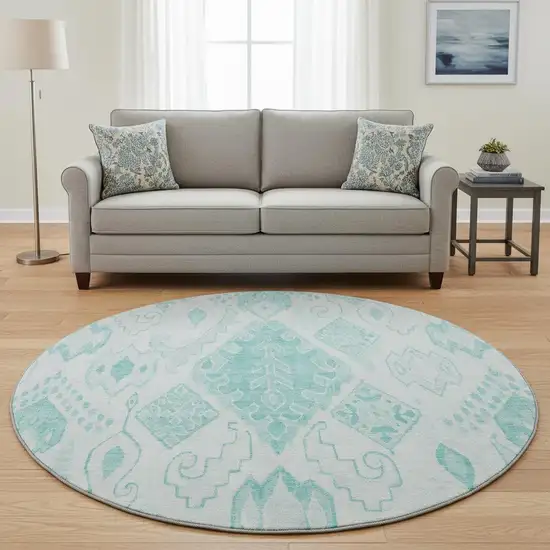 8' Teal And Ivory Moroccan Washable Round Rug With UV Protection Photo 2