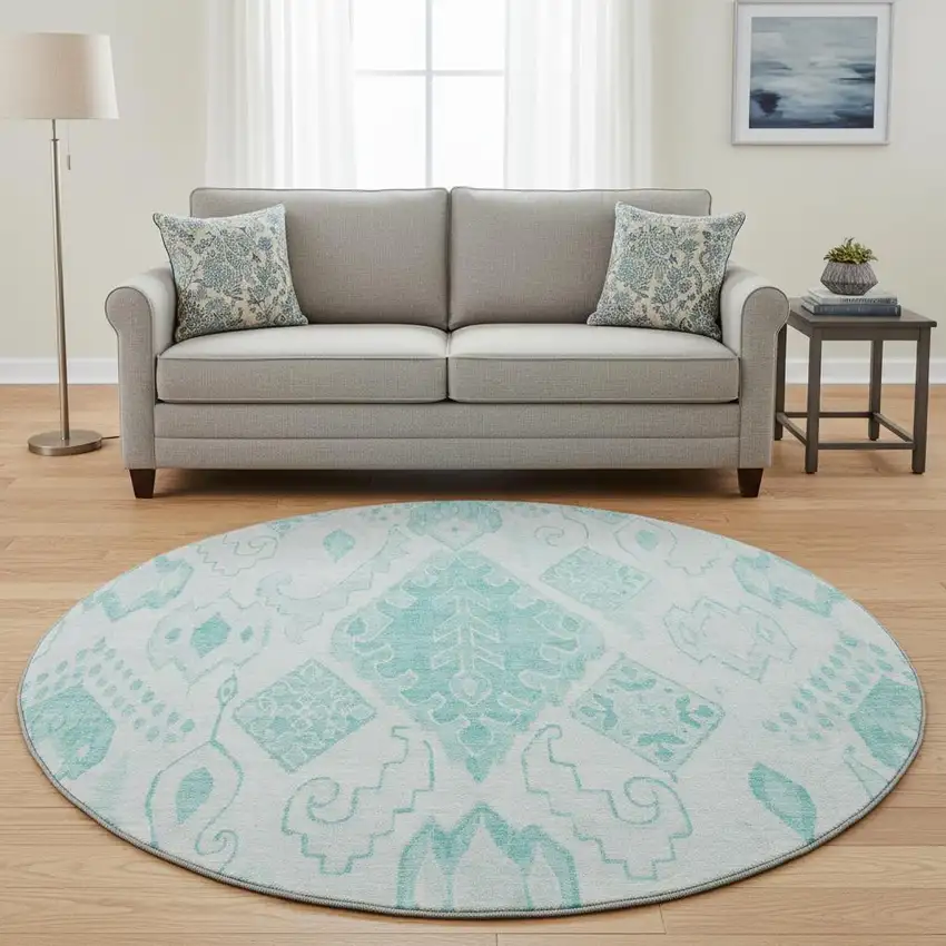 8' Teal And Ivory Moroccan Washable Round Rug With UV Protection Photo 2