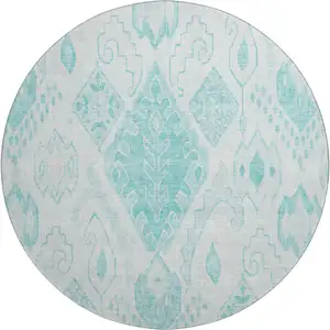 Photo of 8' Teal And Ivory Moroccan Washable Round Rug With UV Protection