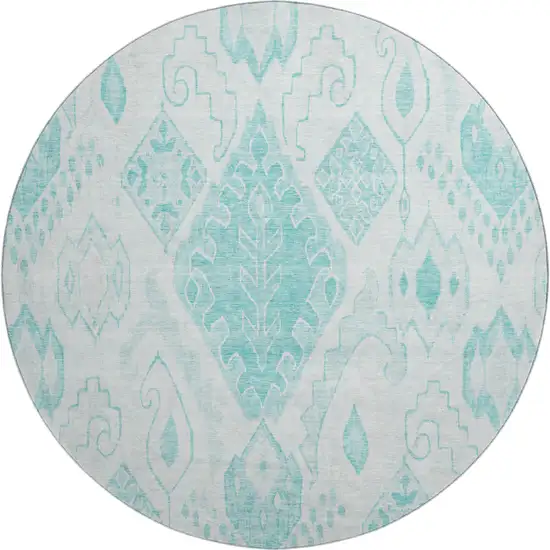 8' Teal And Ivory Moroccan Washable Round Rug With UV Protection Photo 1