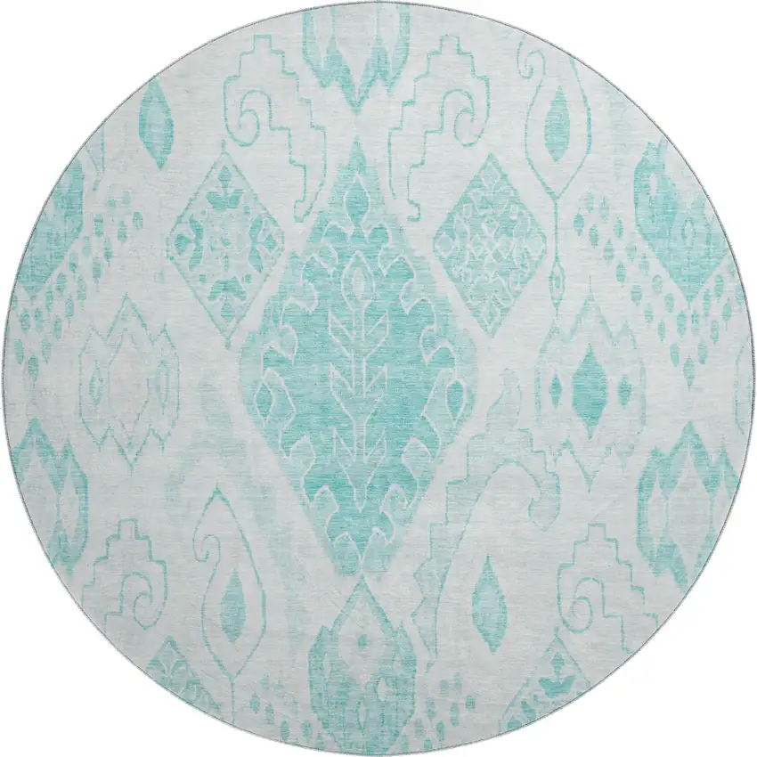 8' Teal And Ivory Moroccan Washable Round Rug With UV Protection Photo 1