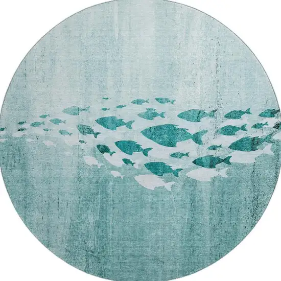8' Teal And Ivory Nautical Washable Round Rug With UV Protection Photo 3