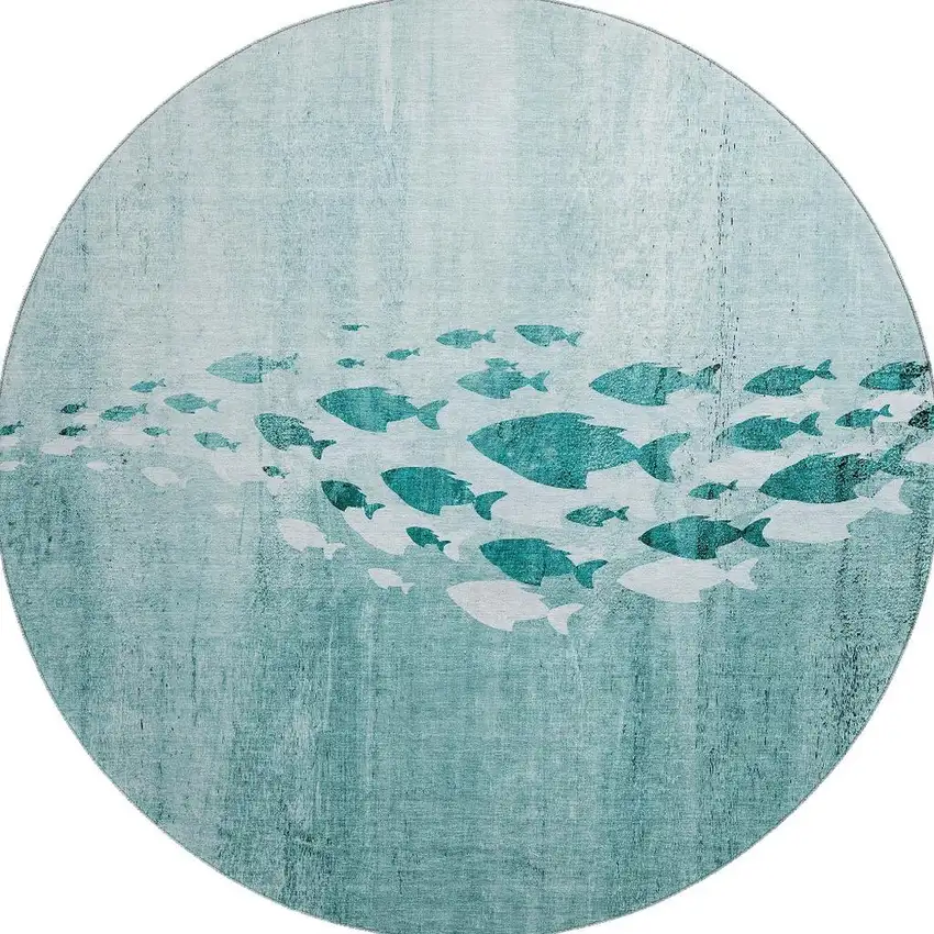 8' Teal And Ivory Nautical Washable Round Rug With UV Protection Photo 3