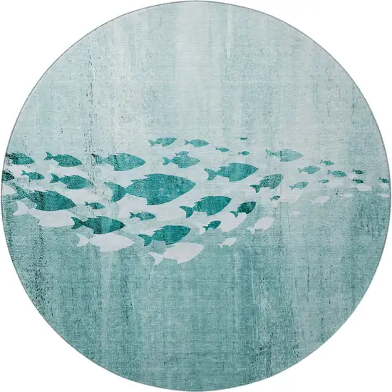 8' Teal And Ivory Nautical Washable Round Rug With UV Protection Photo 4