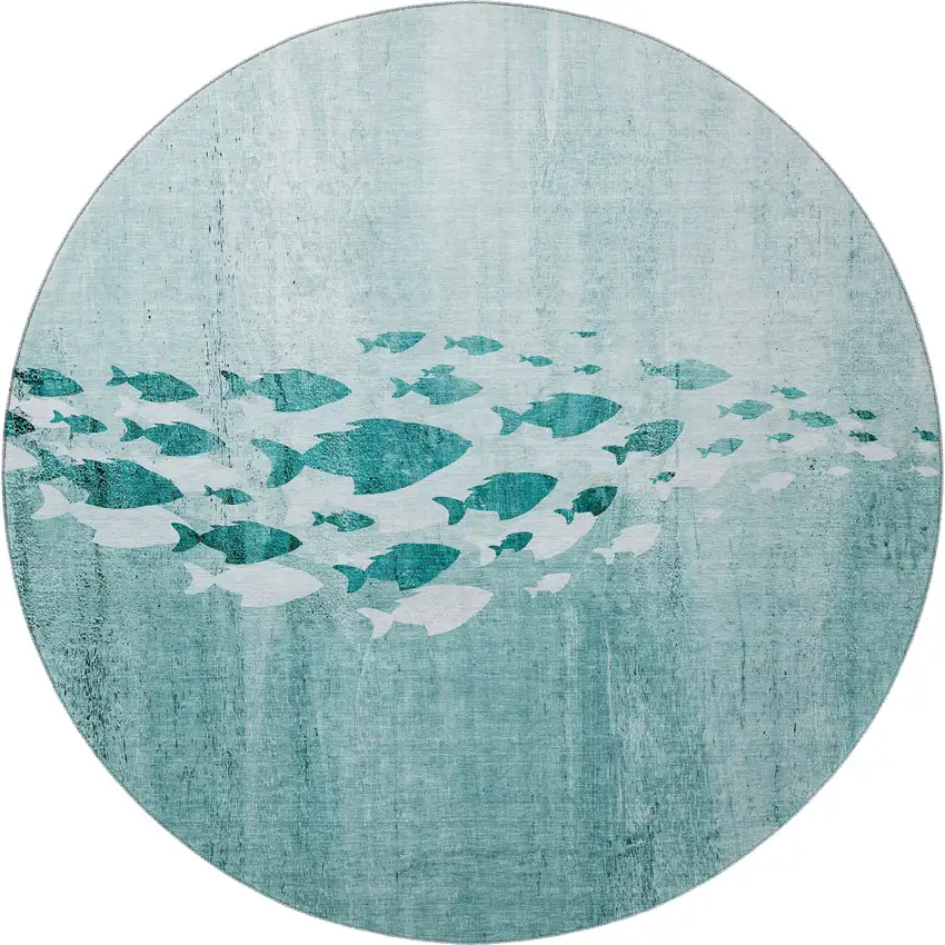 8' Teal And Ivory Nautical Washable Round Rug With UV Protection Photo 4