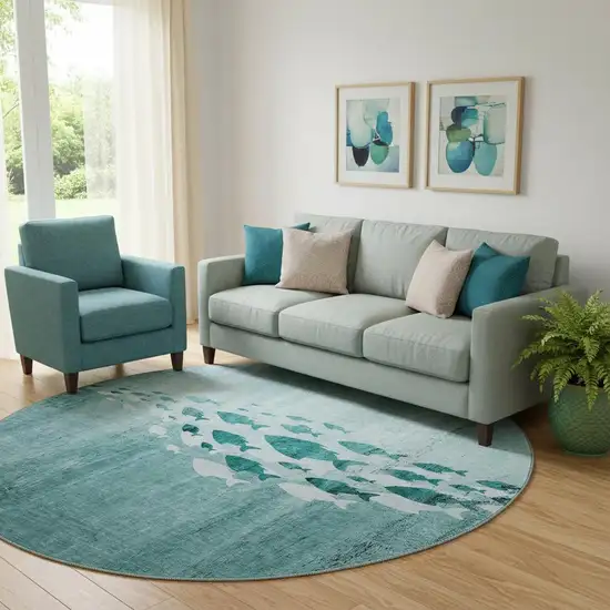 8' Teal And Ivory Nautical Washable Round Rug With UV Protection Photo 1