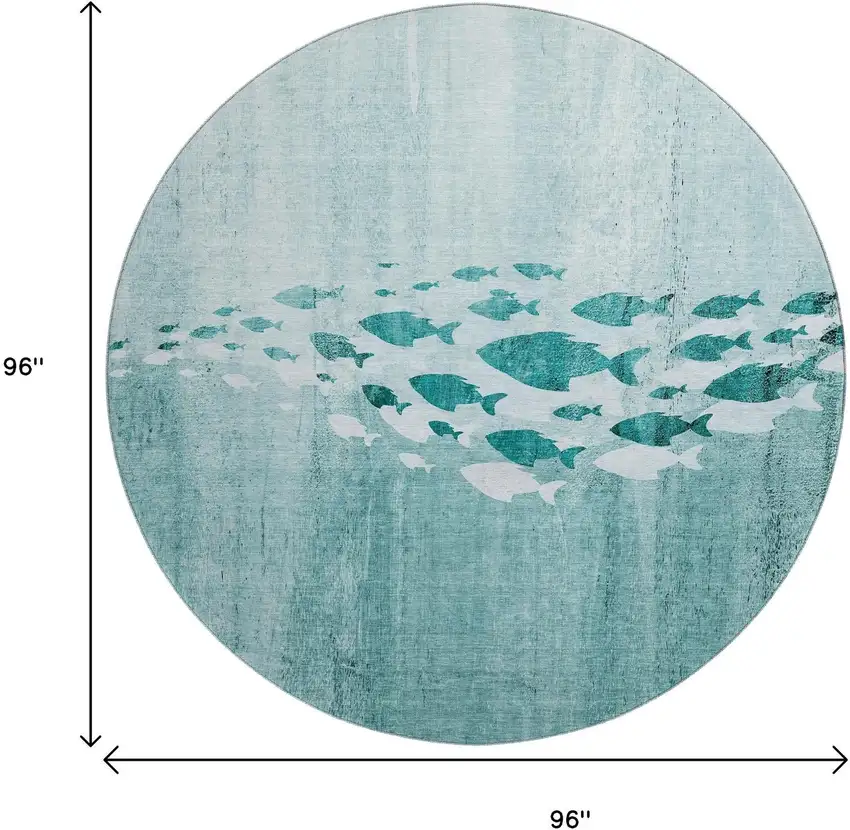 8' Teal And Ivory Nautical Washable Round Rug With UV Protection Photo 3