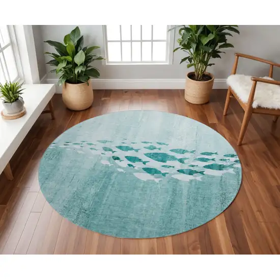 8' Teal And Ivory Nautical Washable Round Rug With UV Protection Photo 2