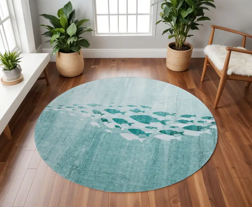 8' Teal And Ivory Nautical Washable Round Rug With UV Protection Photo 2