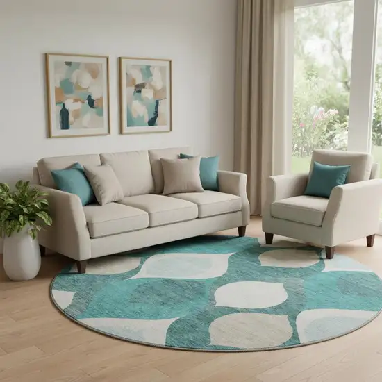 8' Teal And Ivory Ogee Washable Round Rug With UV Protection Photo 1