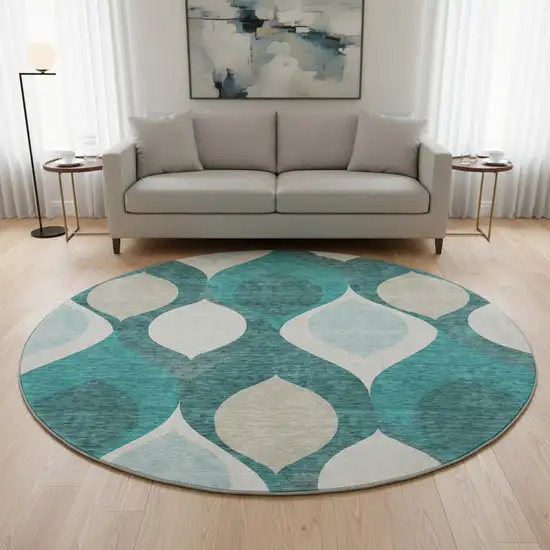 8' Teal And Ivory Ogee Washable Round Rug With UV Protection Photo 2