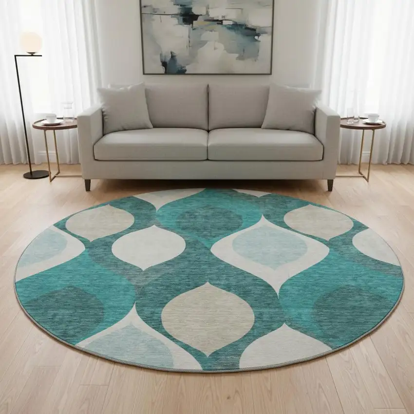 8' Teal And Ivory Ogee Washable Round Rug With UV Protection Photo 2