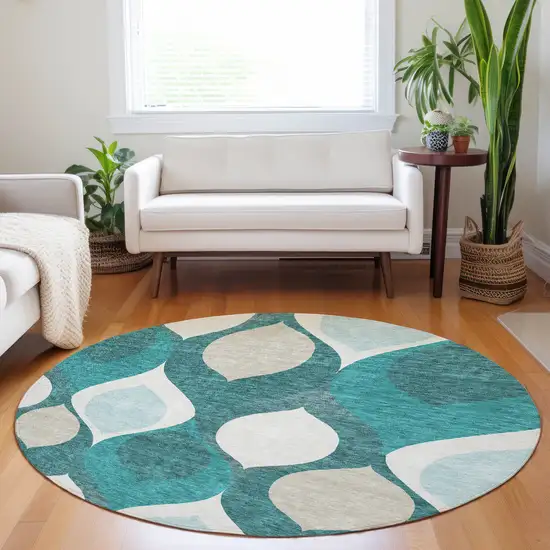 8' Teal And Ivory Ogee Washable Round Rug With UV Protection Photo 5