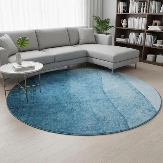 8' Teal And Ivory Ombre Washable Round Rug With UV Protection Photo 2