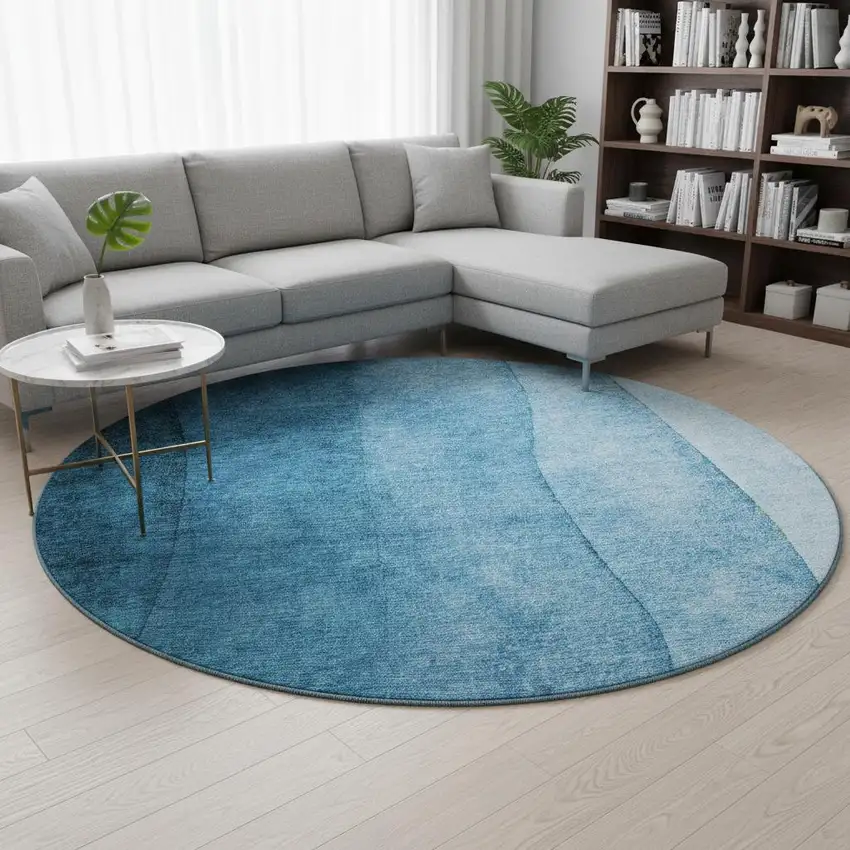 8' Teal And Ivory Ombre Washable Round Rug With UV Protection Photo 2