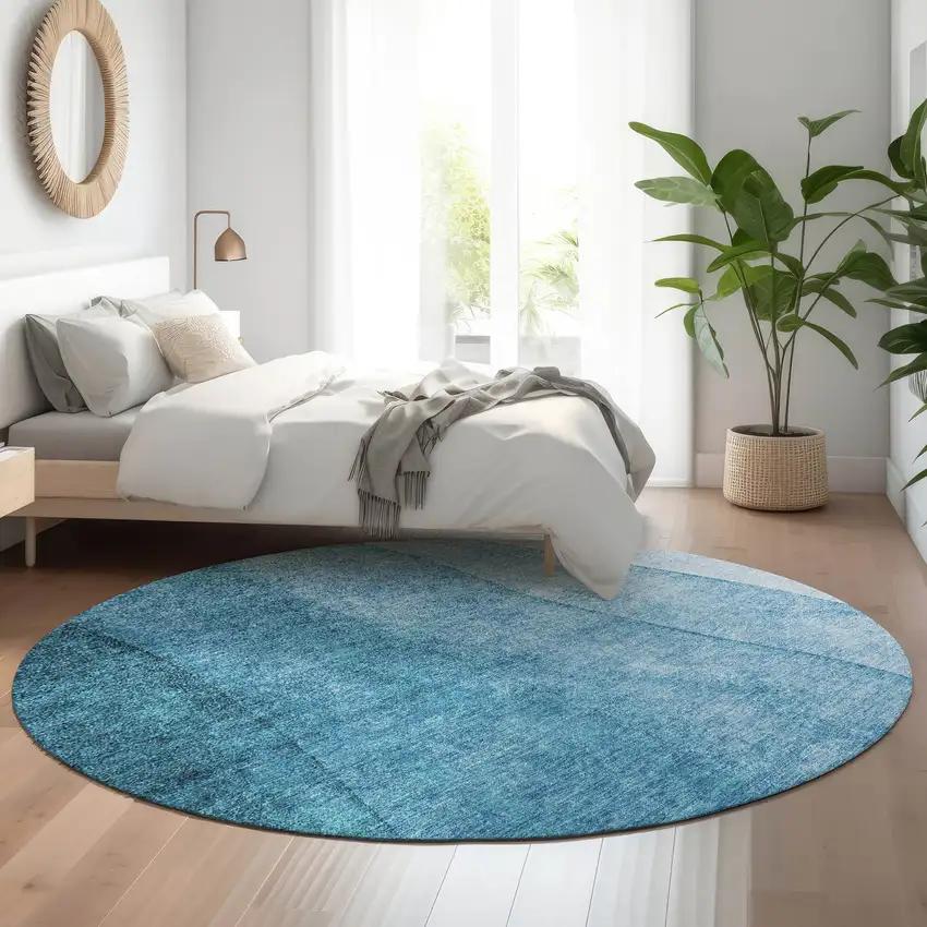 8' Teal And Ivory Ombre Washable Round Rug With UV Protection Photo 5