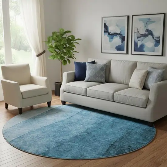 8' Teal And Ivory Ombre Washable Round Rug With UV Protection Photo 1