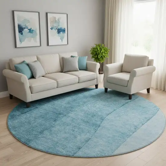 8' Teal And Ivory Ombre Washable Round Rug With UV Protection Photo 1