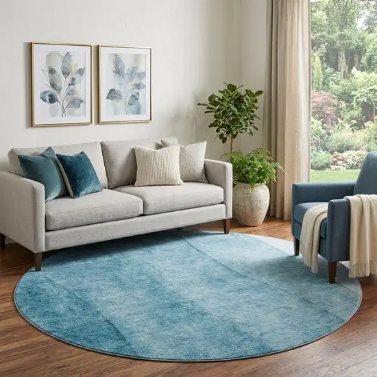 8' Teal And Ivory Ombre Washable Round Rug With UV Protection Photo 1